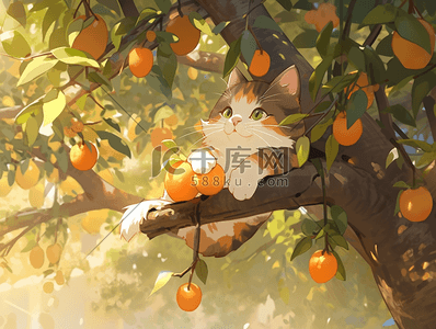 手绘卡通可爱小猫咪在树上趴着