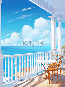 酒店被子插画图片_夏天假度酒店阳台上海滩美景18
