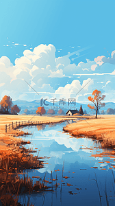 秋天的风景插画图片_蓝天下秋天的田野风景