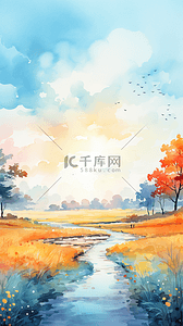 秋天的风景插画图片_蓝天下秋天的田野风景