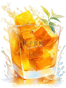 一杯带有冰块飞溅的橙汁插画12