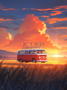 红色日落插画图片_日落时分停在草地上的巴士11