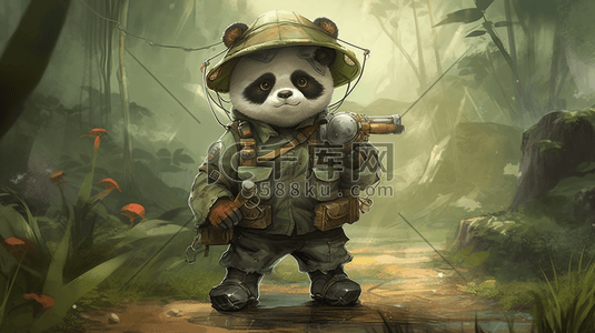 军用作战装备车插画图片_军旅风格着装的熊猫