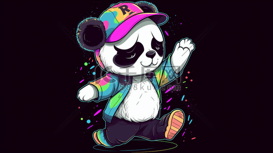 潮流图案插画图片_穿着T恤戴帽子跳舞的熊猫