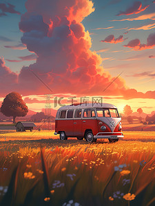 红色日落插画图片_日落时分停在草地上的巴士1