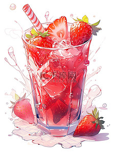 草莓冰块插画图片_一杯草莓奶昔溅上冰块7