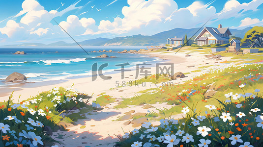 旅行海滩插画图片_夏天大海海滩美丽花朵插画2