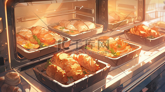 电烤盘直通车插画图片_烤箱烤盘上的面包美食食物3