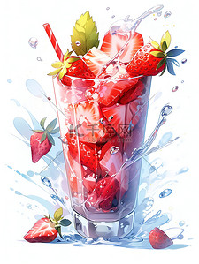 草莓冰块插画图片_一杯草莓奶昔溅上冰块8