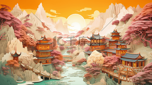 彩色中国风剪纸风山水建筑插画2