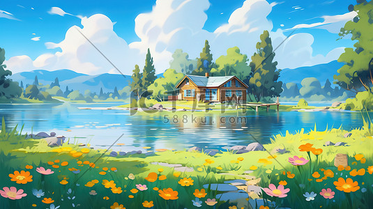 宁静美丽乡村小屋草原河流插画16