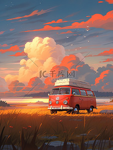 红色日落插画图片_日落时分停在草地上的巴士9