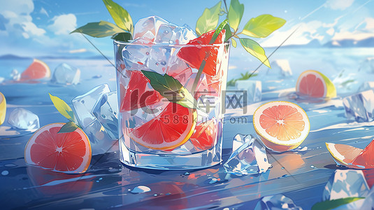 夏天冰冻的水果冰块插画11
