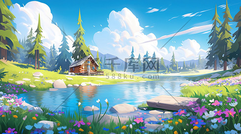 宁静美丽乡村小屋草原河流插画6