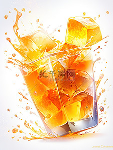 一杯带有冰块飞溅的橙汁插画20