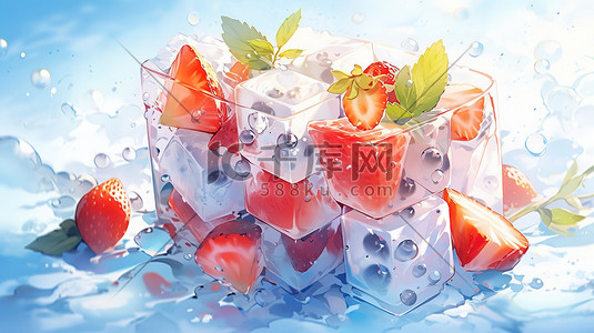 冰西瓜的插画图片_夏天冰冻的水果冰块插画9