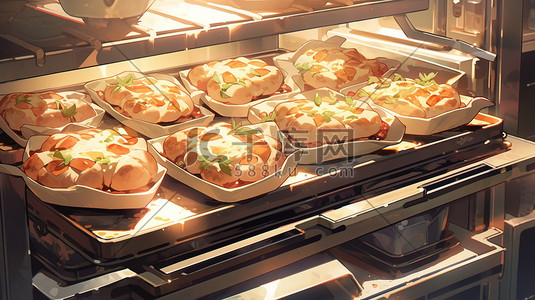 食物新鲜插画图片_烤箱烤盘上的面包美食食物10