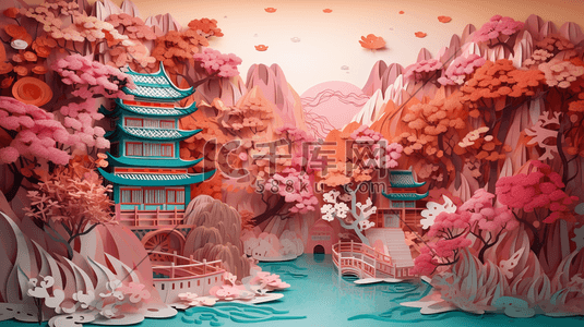 彩色中国风剪纸风山水建筑插画1