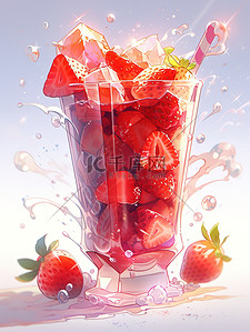 草莓冰块插画图片_一杯草莓奶昔溅上冰块19