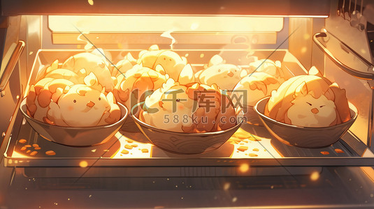 热腾腾的食物插画图片_烤箱烤盘上的面包美食食物14