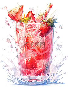 草莓冰块插画图片_一杯草莓奶昔溅上冰块2