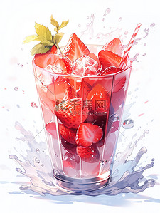 草莓冰块插画图片_一杯草莓奶昔溅上冰块12