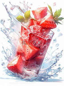 饮料冰爽插画图片_一杯草莓奶昔溅上冰块6
