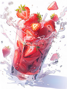 草莓冰块插画图片_一杯草莓奶昔溅上冰块13