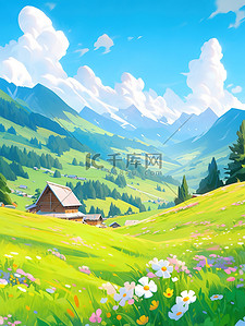 雪山脚下宁静的村庄夏天绿色草地