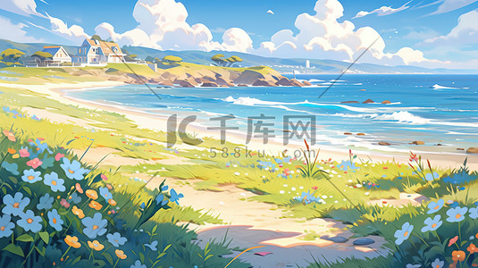 夏天大海海滩美丽花朵插画11