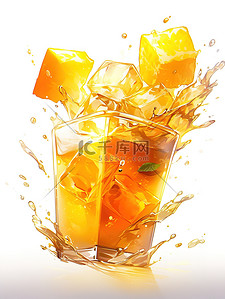 一杯带有冰块飞溅的橙汁插画18