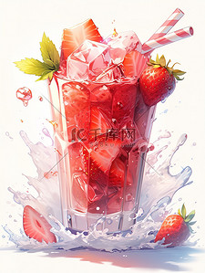 草莓冰块插画图片_一杯草莓奶昔溅上冰块11