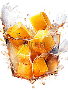 橙汁插画图片_一杯带有冰块飞溅的橙汁插画4