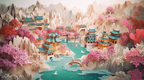 彩色中国风剪纸风山水建筑插画13