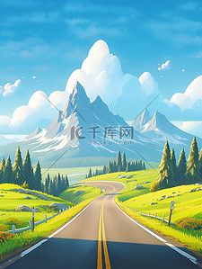 雪山山峰插画图片_通往雪山的公路旅行公路