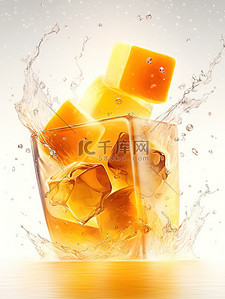 一杯带有冰块飞溅的橙汁插画1