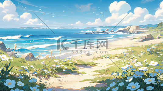 夏天大海海滩美丽花朵插画1