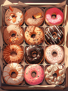 华贵盒子插画图片_盒子里各种甜甜圈美食甜品面包15