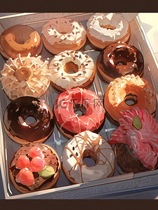 巧克力盒子插画图片_盒子里各种甜甜圈美食甜品面包18