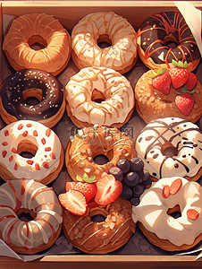草莓盒子草莓插画图片_盒子里各种甜甜圈美食甜品面包13