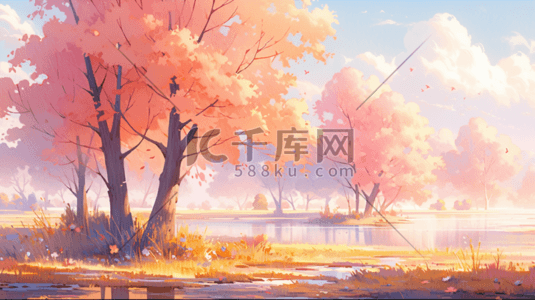 水彩树风景插画图片_秋天夕阳下的风景水彩插画