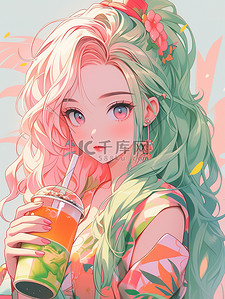 小清新奶茶插画图片_小清新夏日女孩喝着奶茶多巴胺1