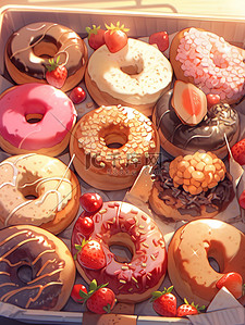 草莓盒子草莓插画图片_盒子里各种甜甜圈美食甜品面包10