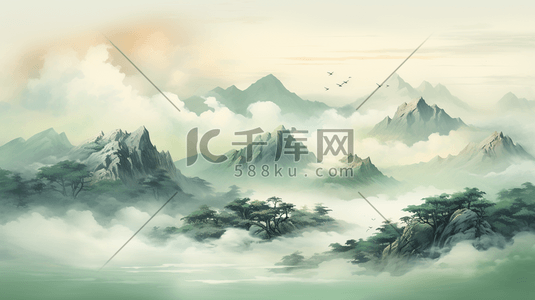 中国风水彩墨插画图片_青色中国风壮阔水彩山水风景
