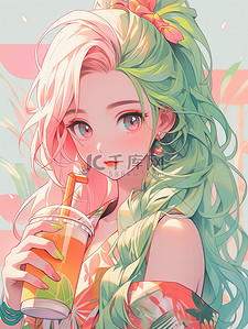 小清新奶茶插画图片_小清新夏日女孩喝着奶茶多巴胺4