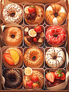 草莓盒子草莓插画图片_盒子里各种甜甜圈美食甜品面包3