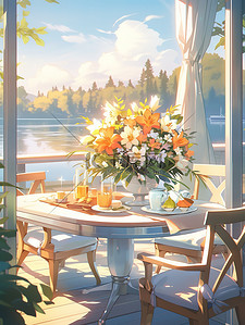 阳光明媚的桌子花瓶鲜花插画14