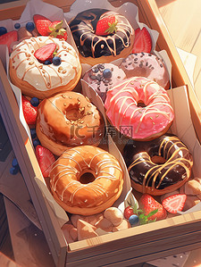 从盒子里出来插画图片_盒子里各种甜甜圈美食甜品面包16