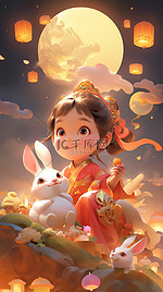 中秋节可爱嫦娥小仙女和兔子插画21
