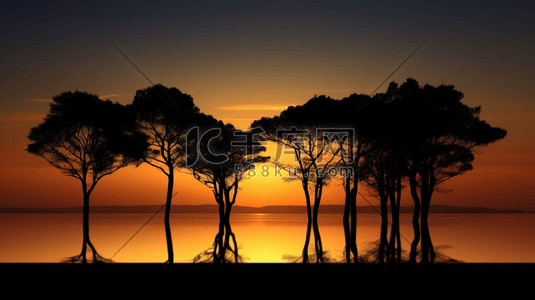 大便轮廓插画图片_日落时靠近水体的树木的轮廓